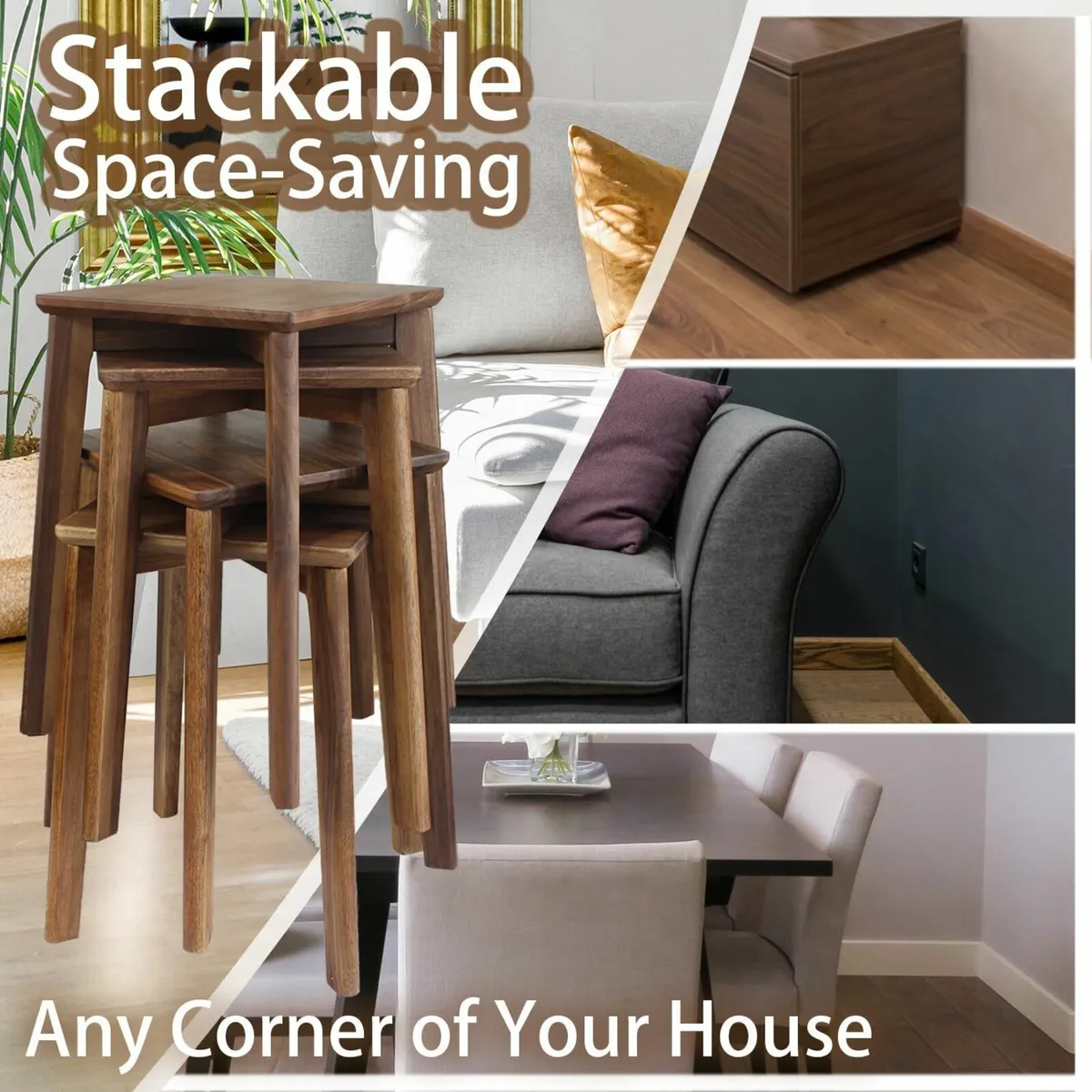 Walnut Wood Stool 45cm high Stackable Backless - Image 3