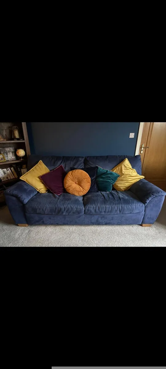 Natuzzi Blue Sofa & Recliner + Grey Armchair - Image 1