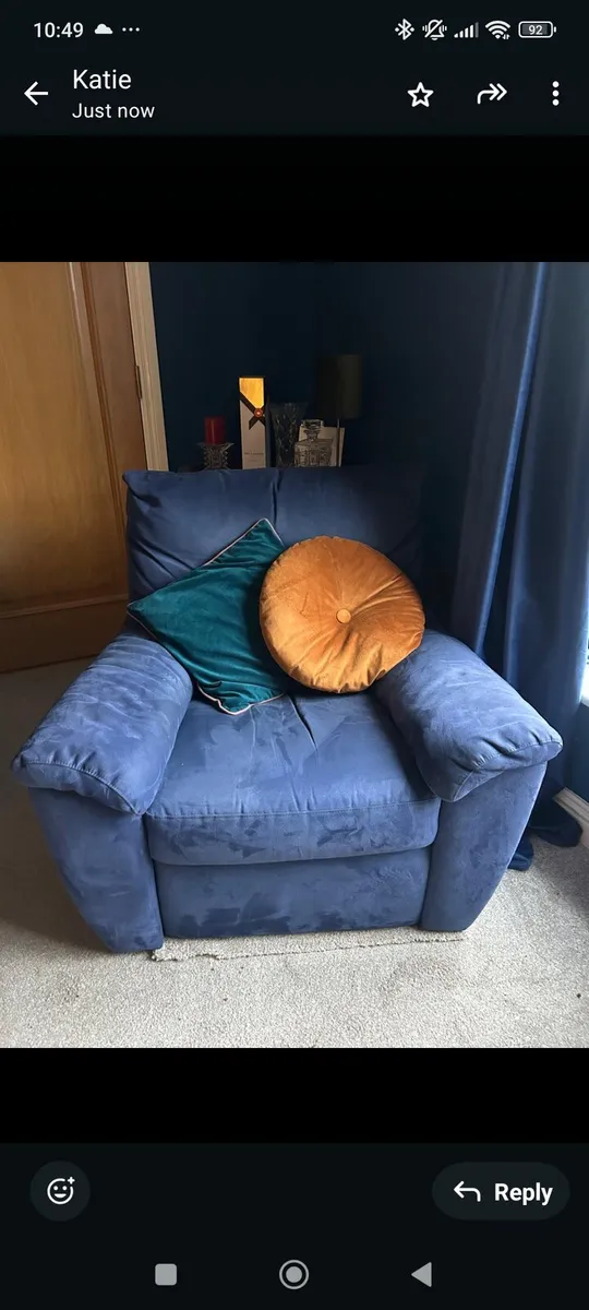 Natuzzi Blue Sofa & Recliner + Grey Armchair - Image 3