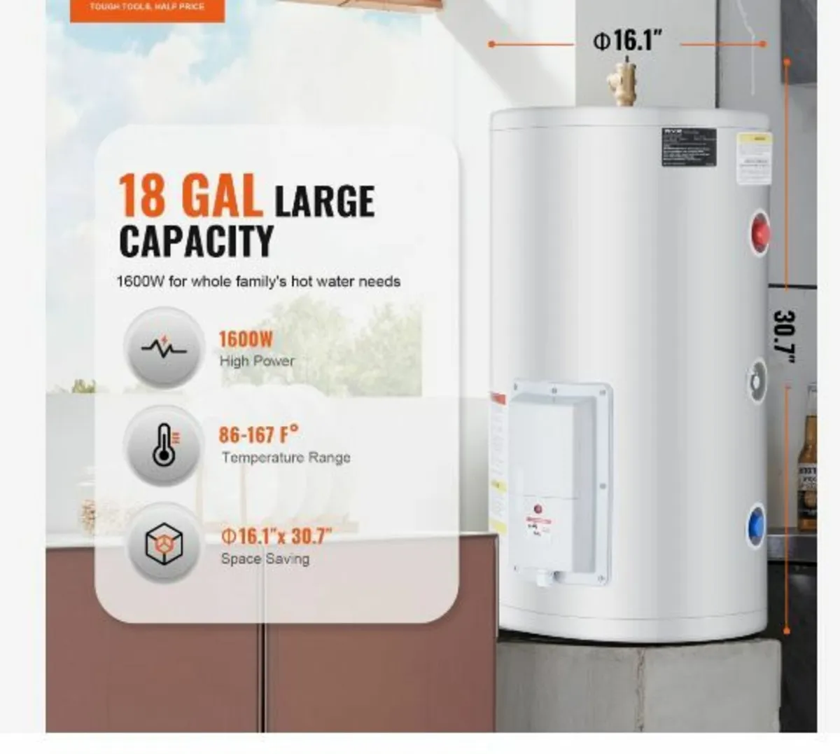 Electric Water Heater, 18 Gallon Tank Instant Hot - Image 2