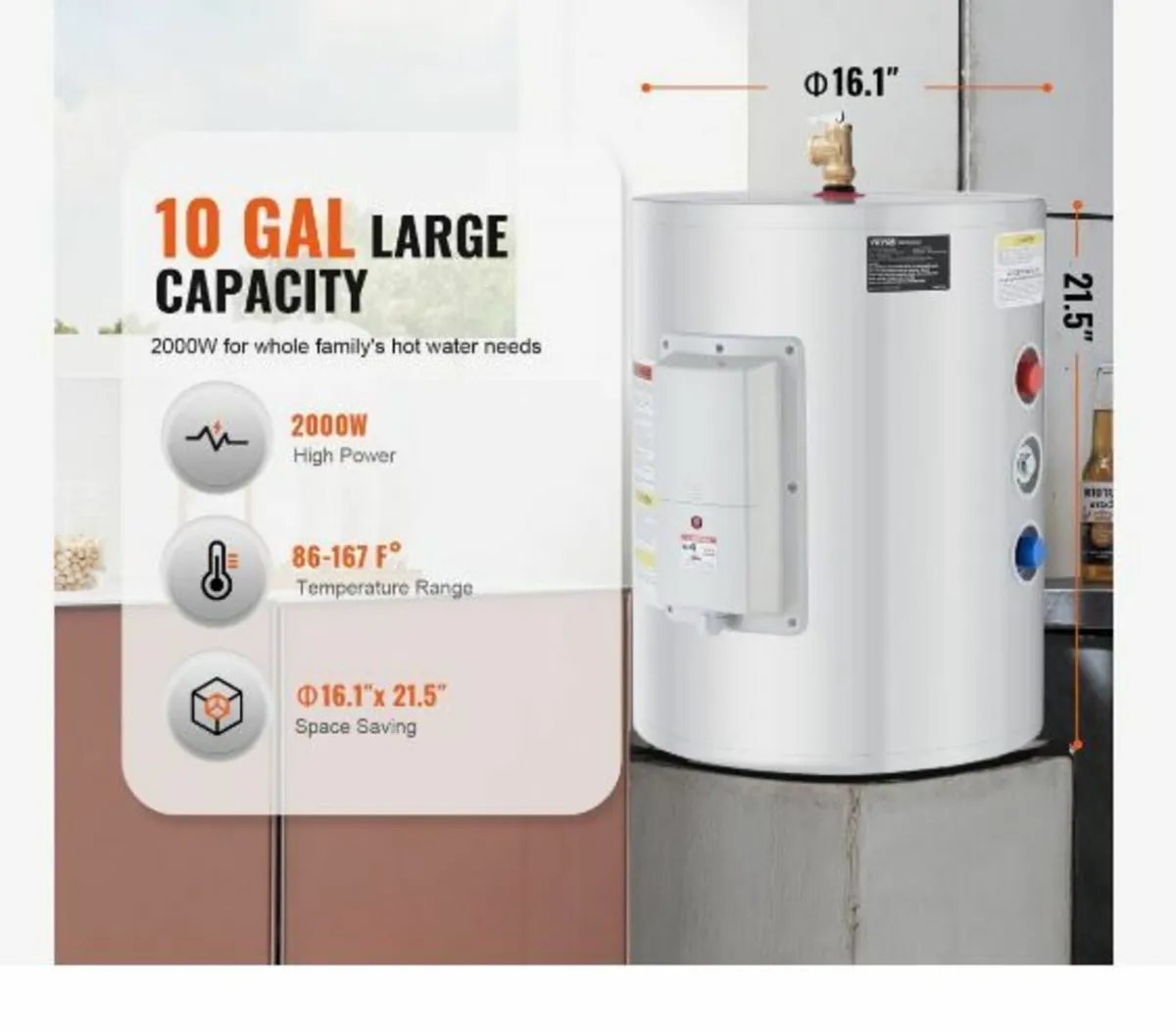 Electric Water Heater, 10 Gallon Tank Instant Hot - Image 2