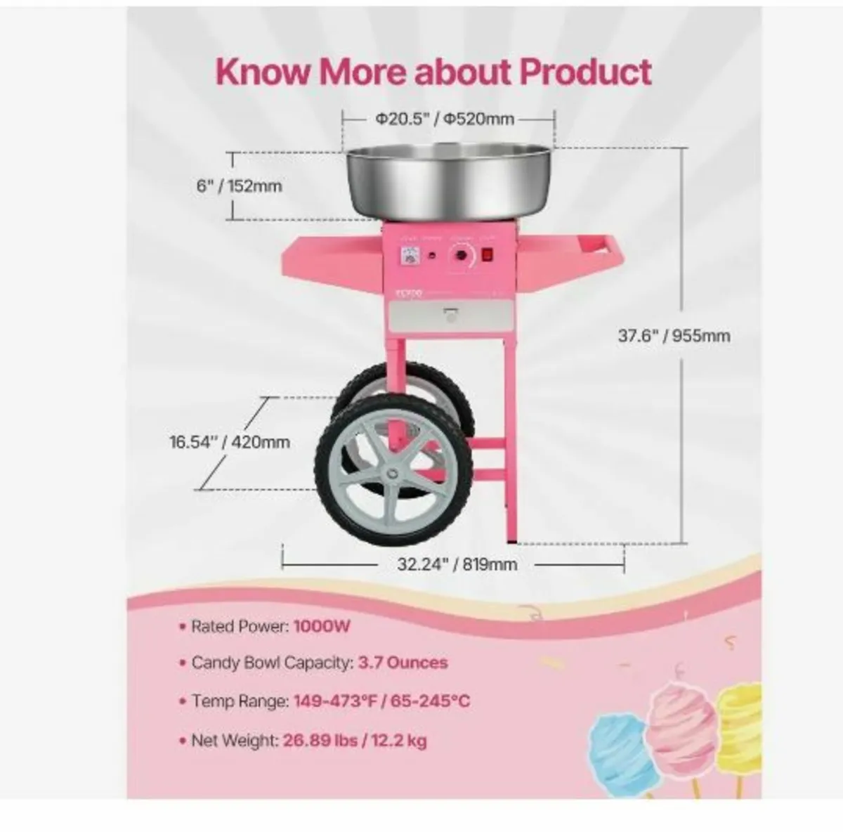 Electric Cotton Candy Machine with Cart, 1000W - Image 2