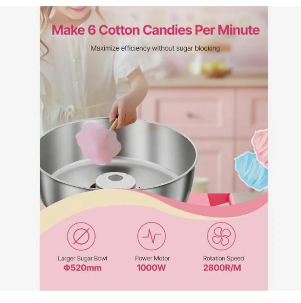 Electric Cotton Candy Machine with Cart, 1000W - Image 3