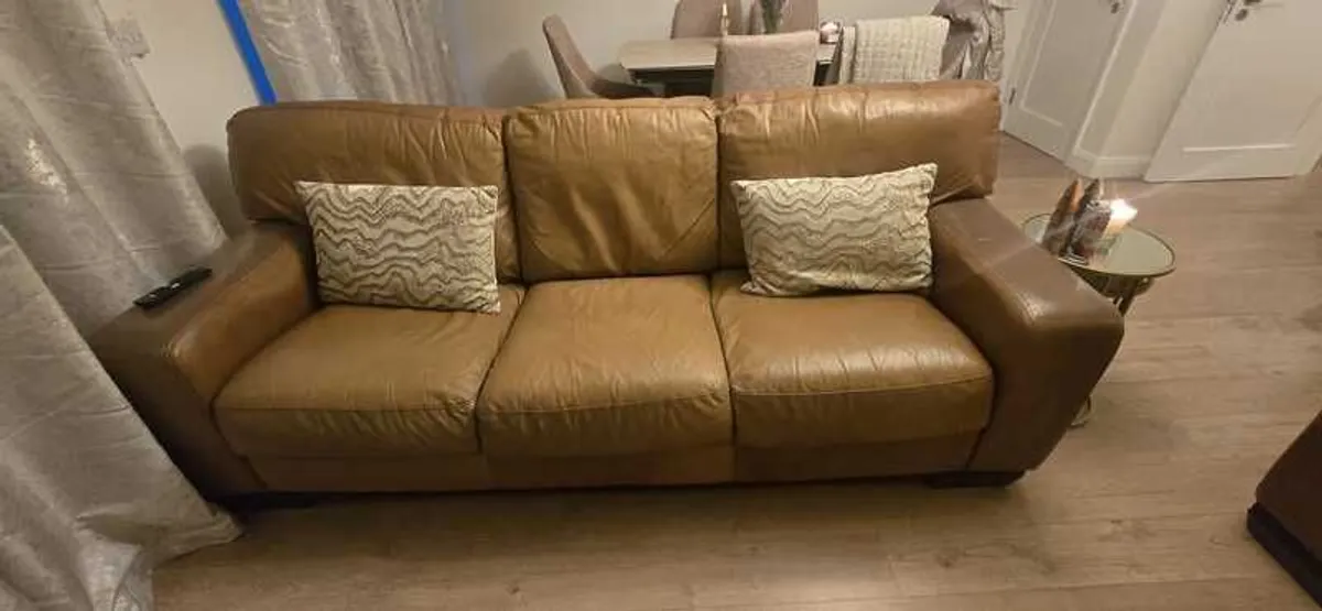 3 Seater Tan Leather Couch - Image 1