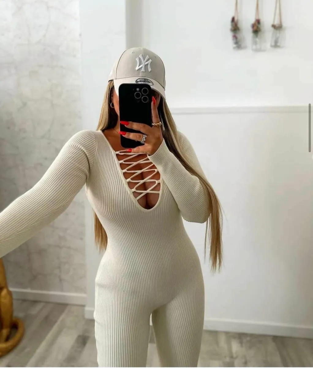 Beige shaping jumpsuit, striped - Image 1