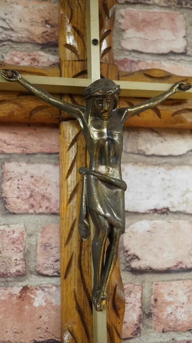 Large Carved Wooden Crucifix Wall Cross - Image 2