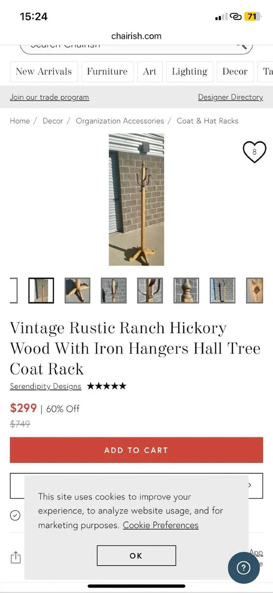 Vintage Rustic Ranch Hickory Wood With Iron Hanger - Image 1