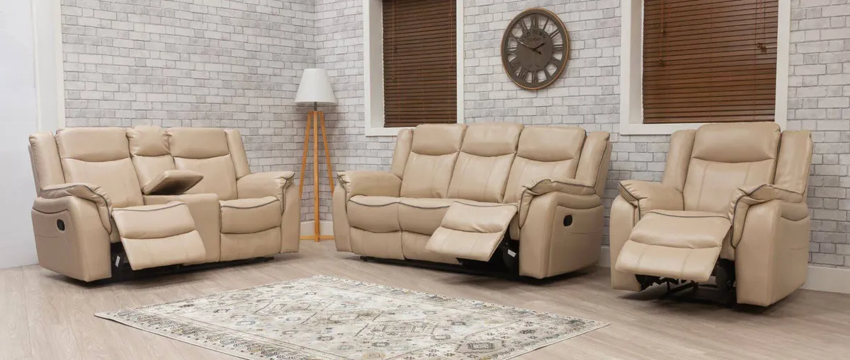 New Brooklyn Beige Leather Sofa Set - Image 3