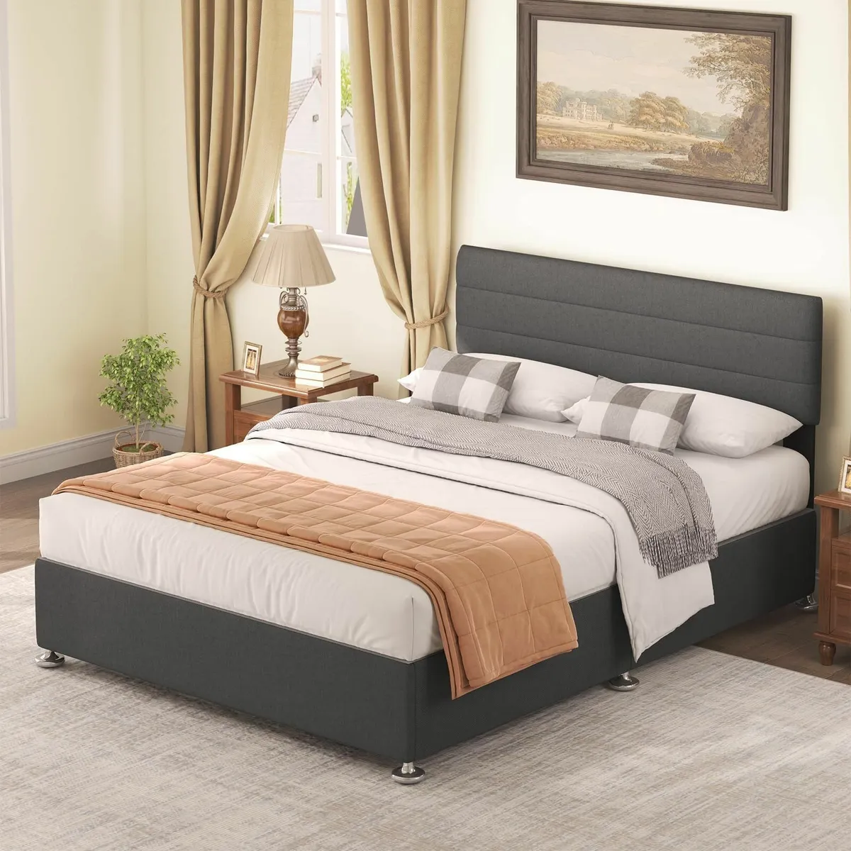 DoubleBed Frame Upholstered Wooden Slat Bed with - Image 1
