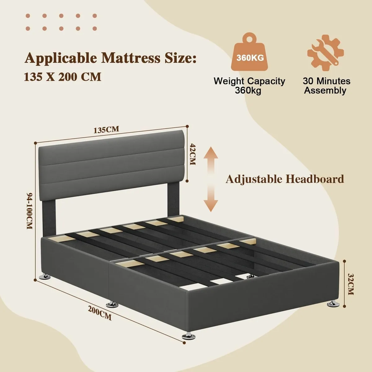 DoubleBed Frame Upholstered Wooden Slat Bed with - Image 2