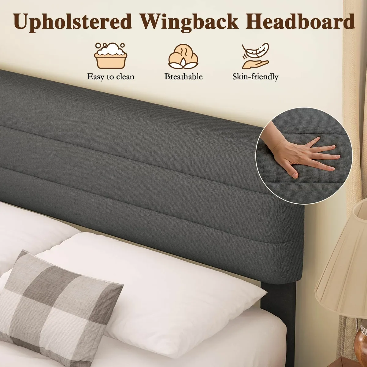 DoubleBed Frame Upholstered Wooden Slat Bed with - Image 3