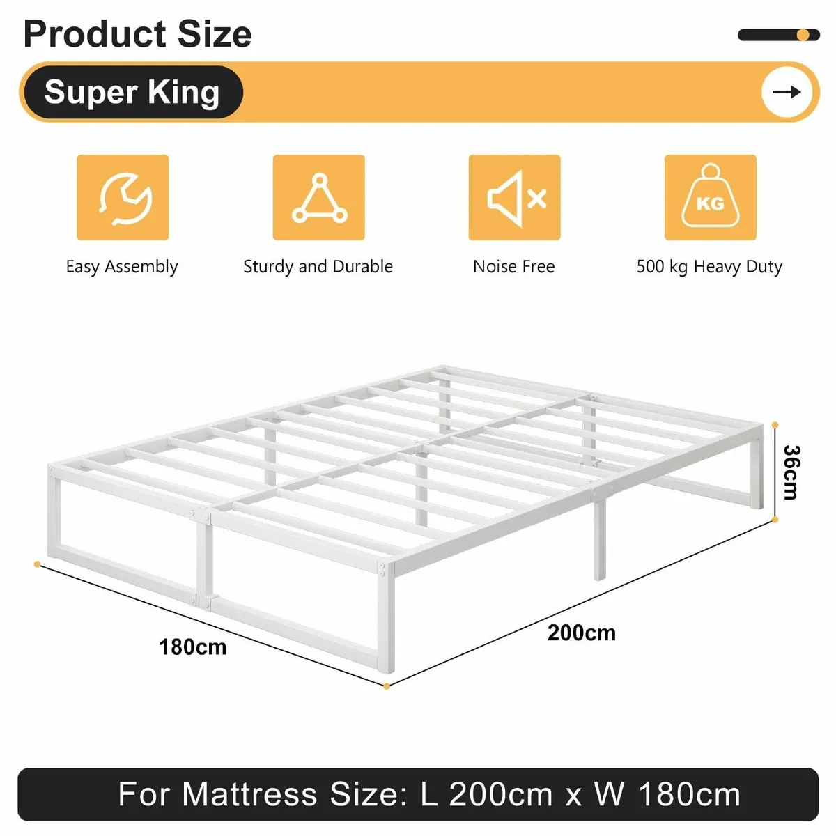 Super King Bed Frame 180x200 cm Metal Platform - Image 2