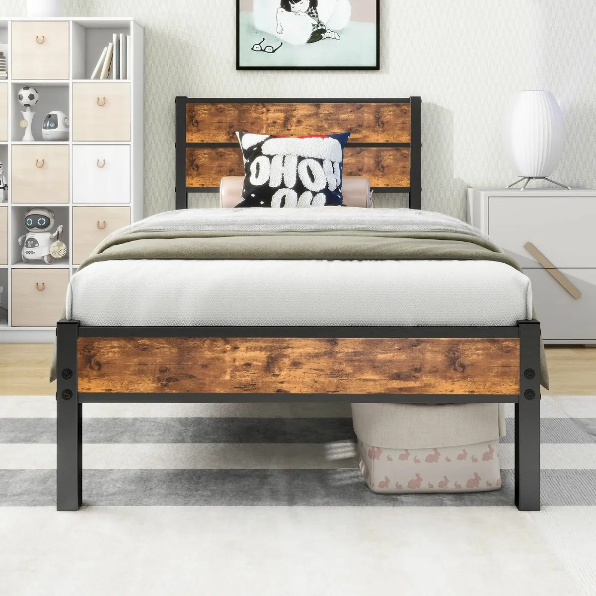 Single Bed Frames with Wood Headboard Metal Frame - Image 1