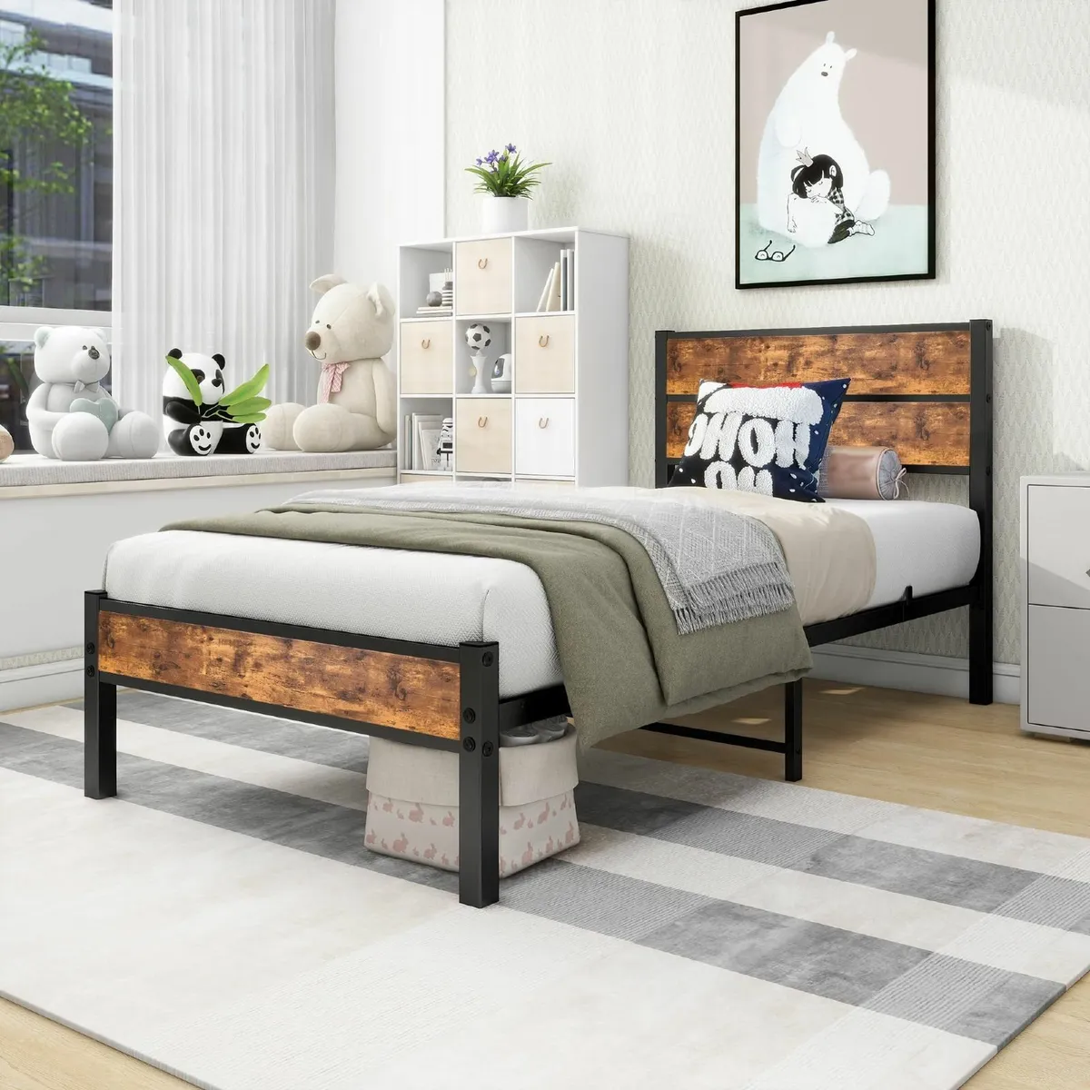 Single Bed Frames with Wood Headboard Metal Frame - Image 3
