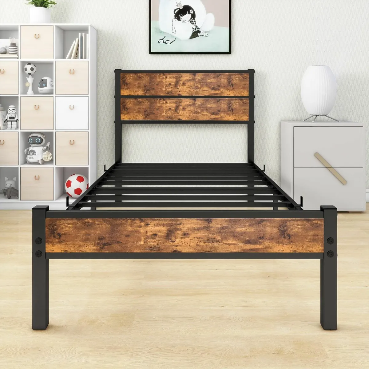 Single Bed Frames with Wood Headboard Metal Frame - Image 4