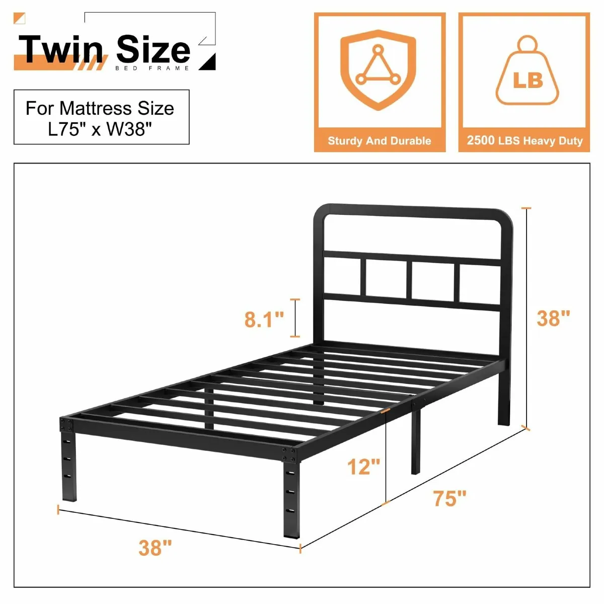 Twin Bed Frames with Headboard 12 Inch Heavy Duty - Image 2