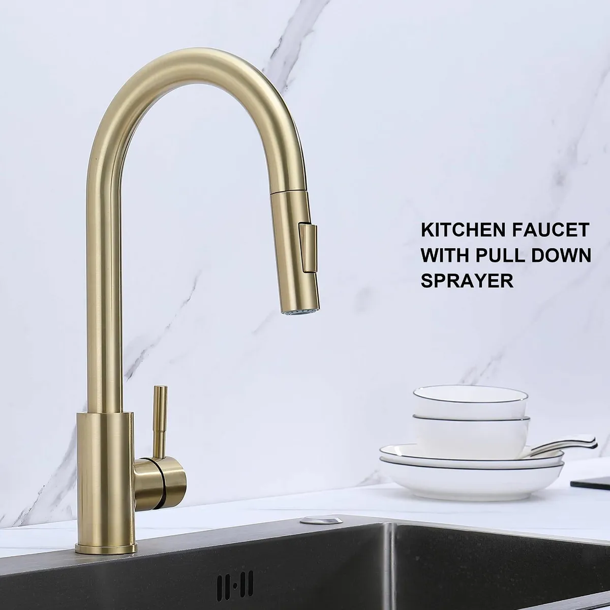 Brushed Gold Kitchen Sink Tap with Pull-Down - Image 4