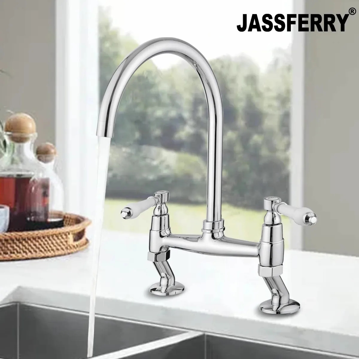 Traditional Bridge Mixer Tap White Ceramic Lever - Image 3