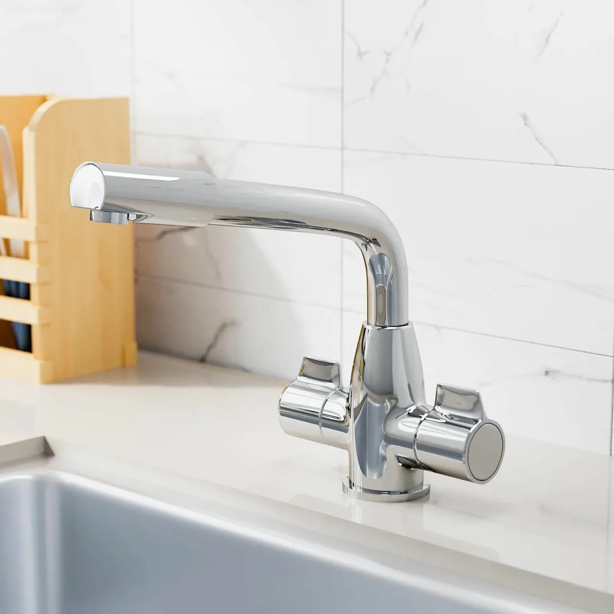 Kitchen Sink Mixer Tap Swivel Spout Twin Handles - Image 3