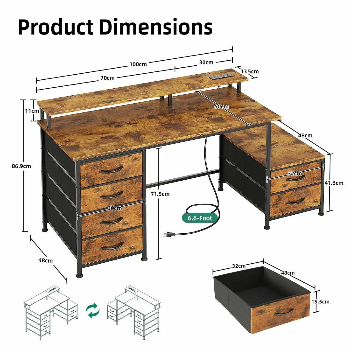 128cm Desk with Fabric File Cabinet Computer - Image 3