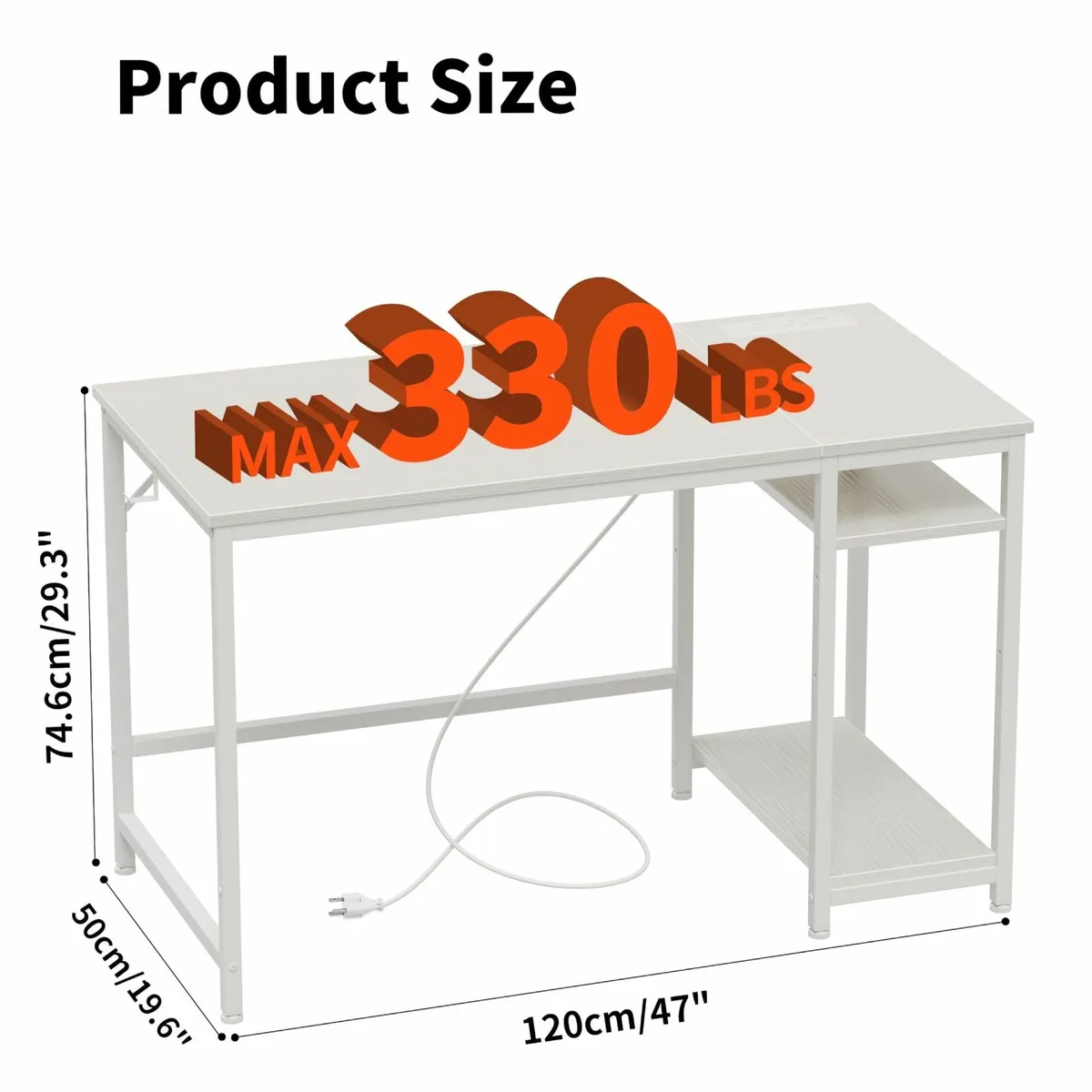 White Computer Desk 120cm with USB Outlets Type-C - Image 2