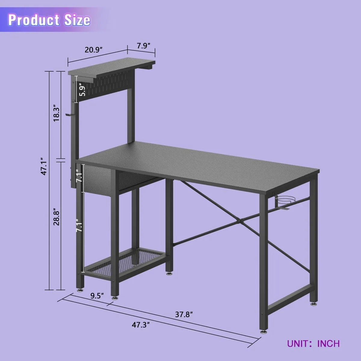 Gaming Desk with Pegboard 47” Reversible Computer - Image 3