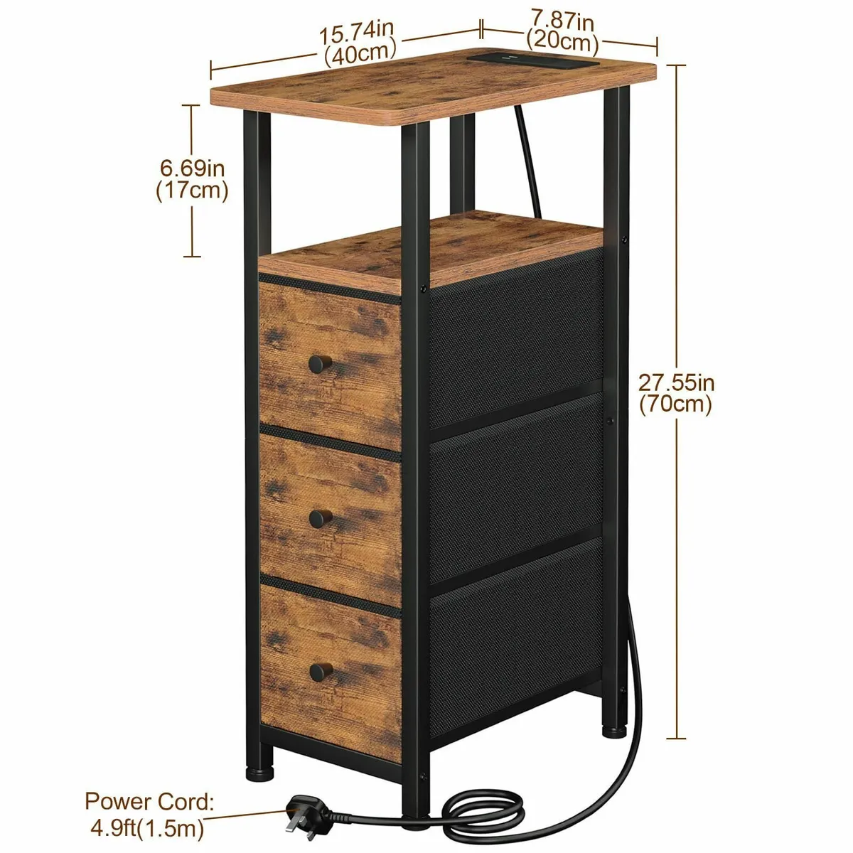 Slim Bedside Table Set of 2 with Charging Station - Image 3