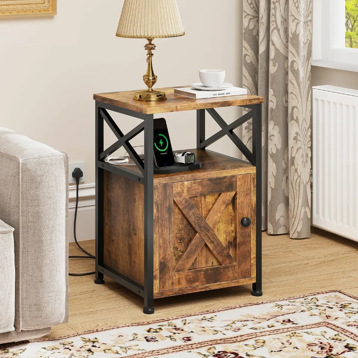 Side Table Bedside with Storage Cabinet X-Shaped - Image 2