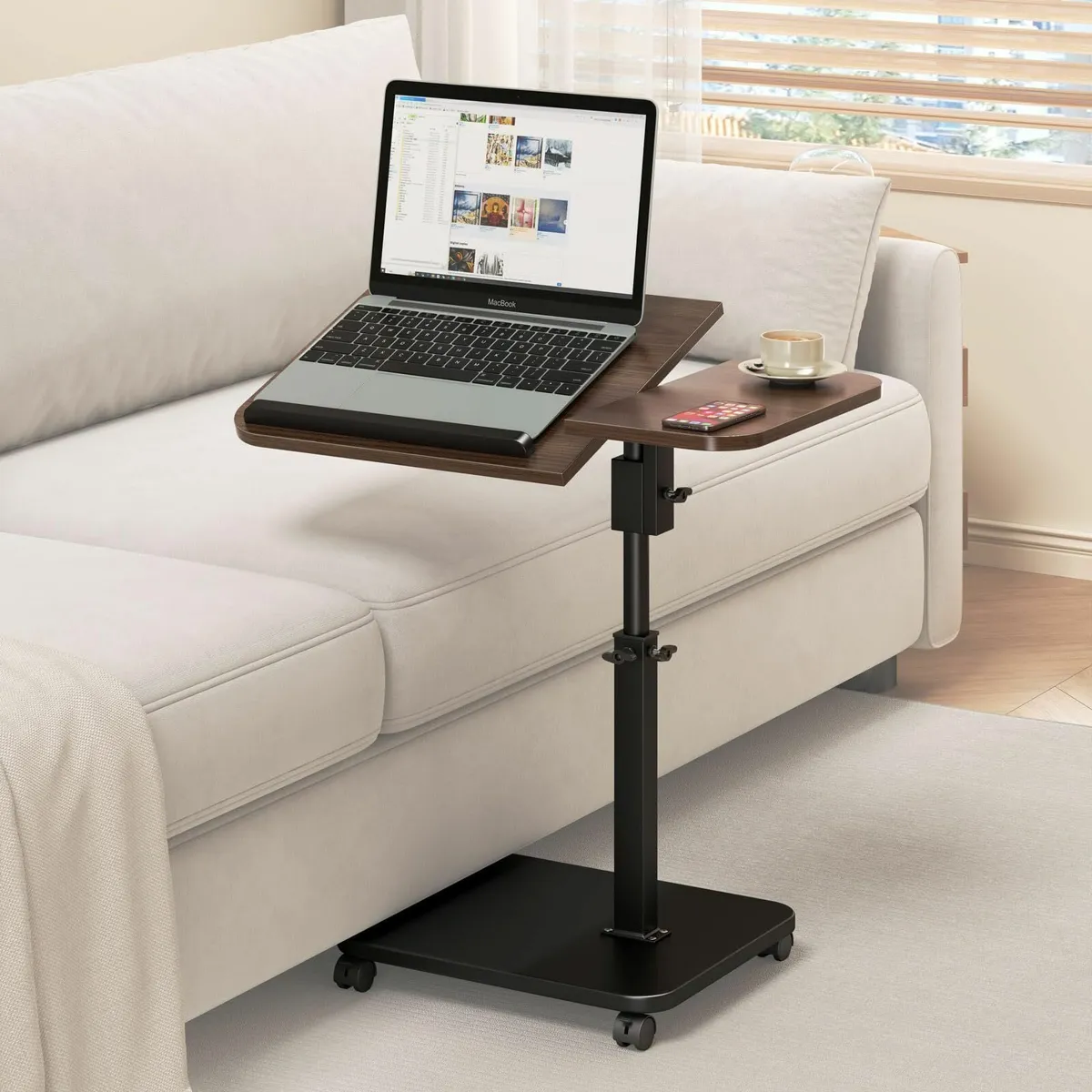 Adjustable Height C Shaped End Table with Wheels - Image 1