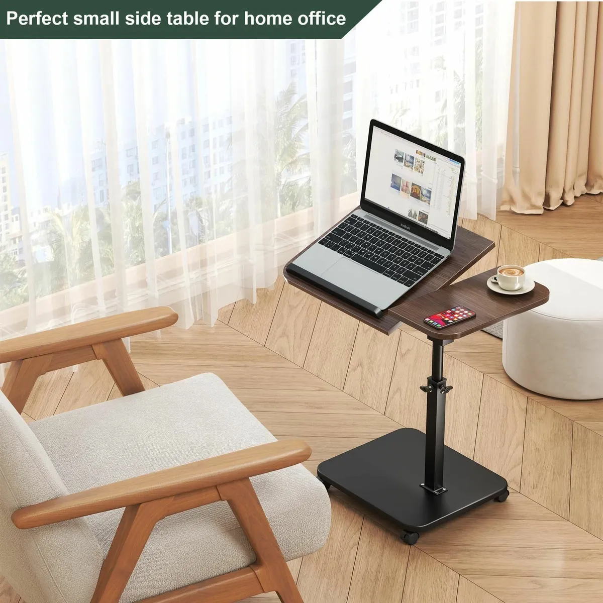 Adjustable Height C Shaped End Table with Wheels - Image 3