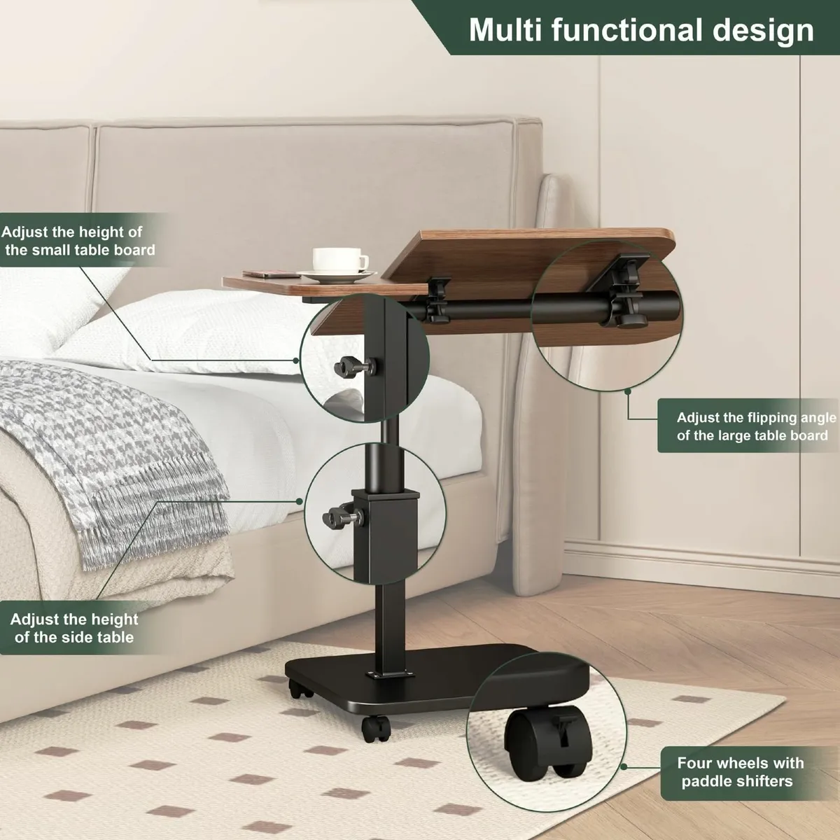 Adjustable Height C Shaped End Table with Wheels - Image 4