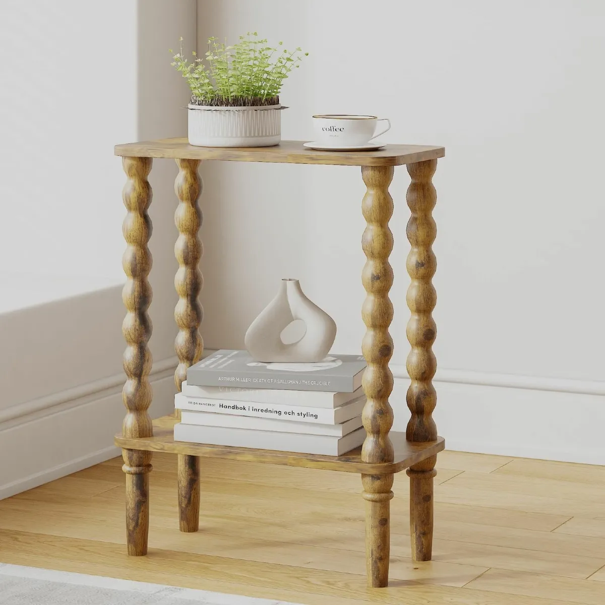 2-Tier Wooden Side Table Narrow Nightstand with - Image 1