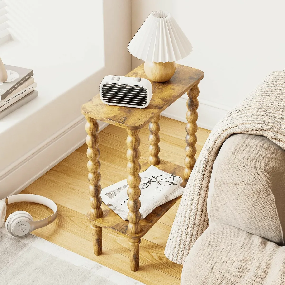 2-Tier Wooden Side Table Narrow Nightstand with - Image 4