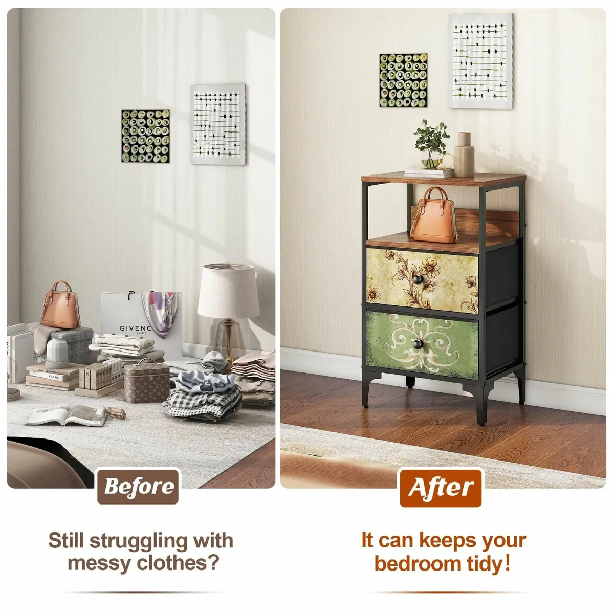 Bedside Table with 2 Drawers Fabric Bedroom - Image 4