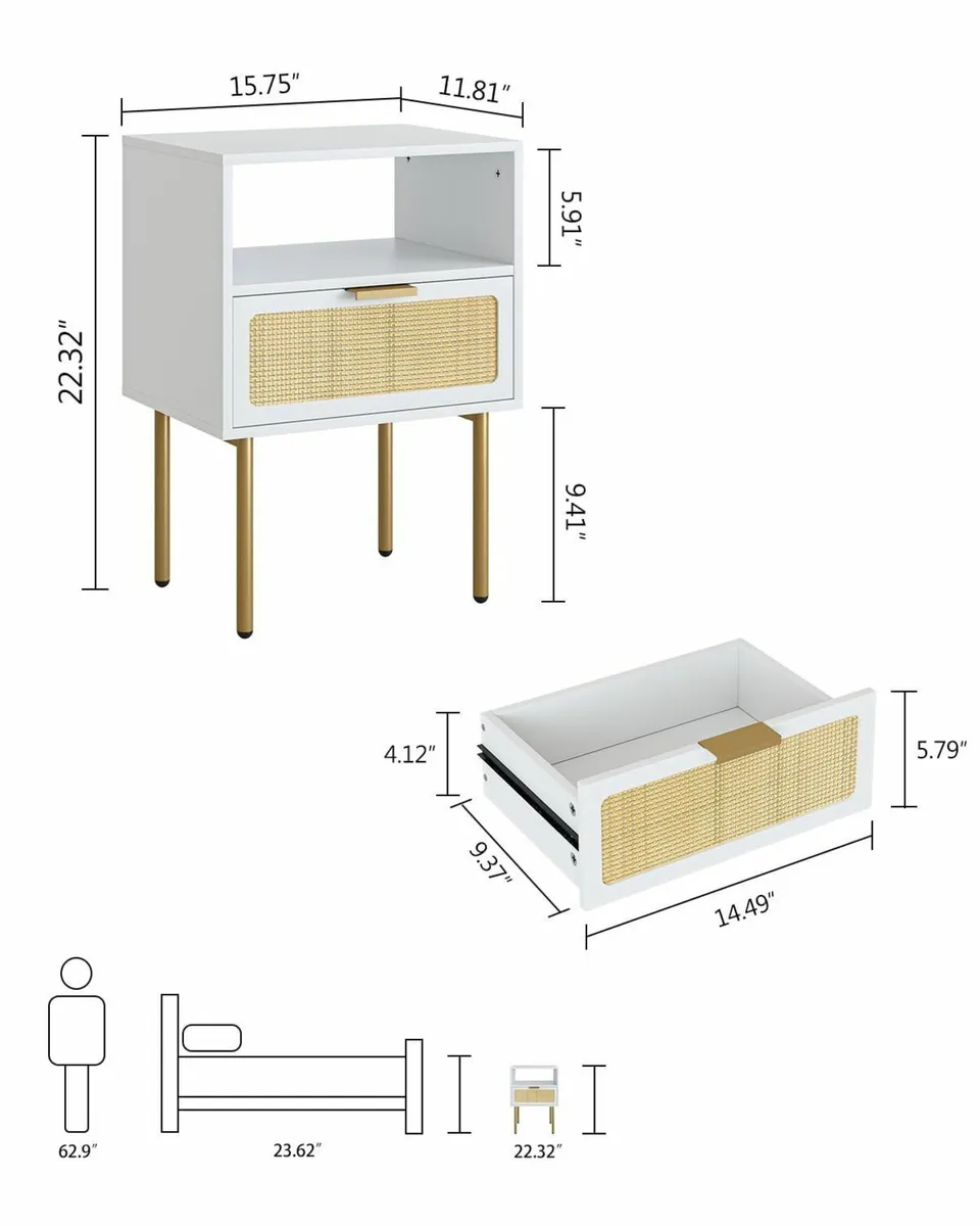 Bedside Table Boho Side with 1Drawer and Open - Image 2