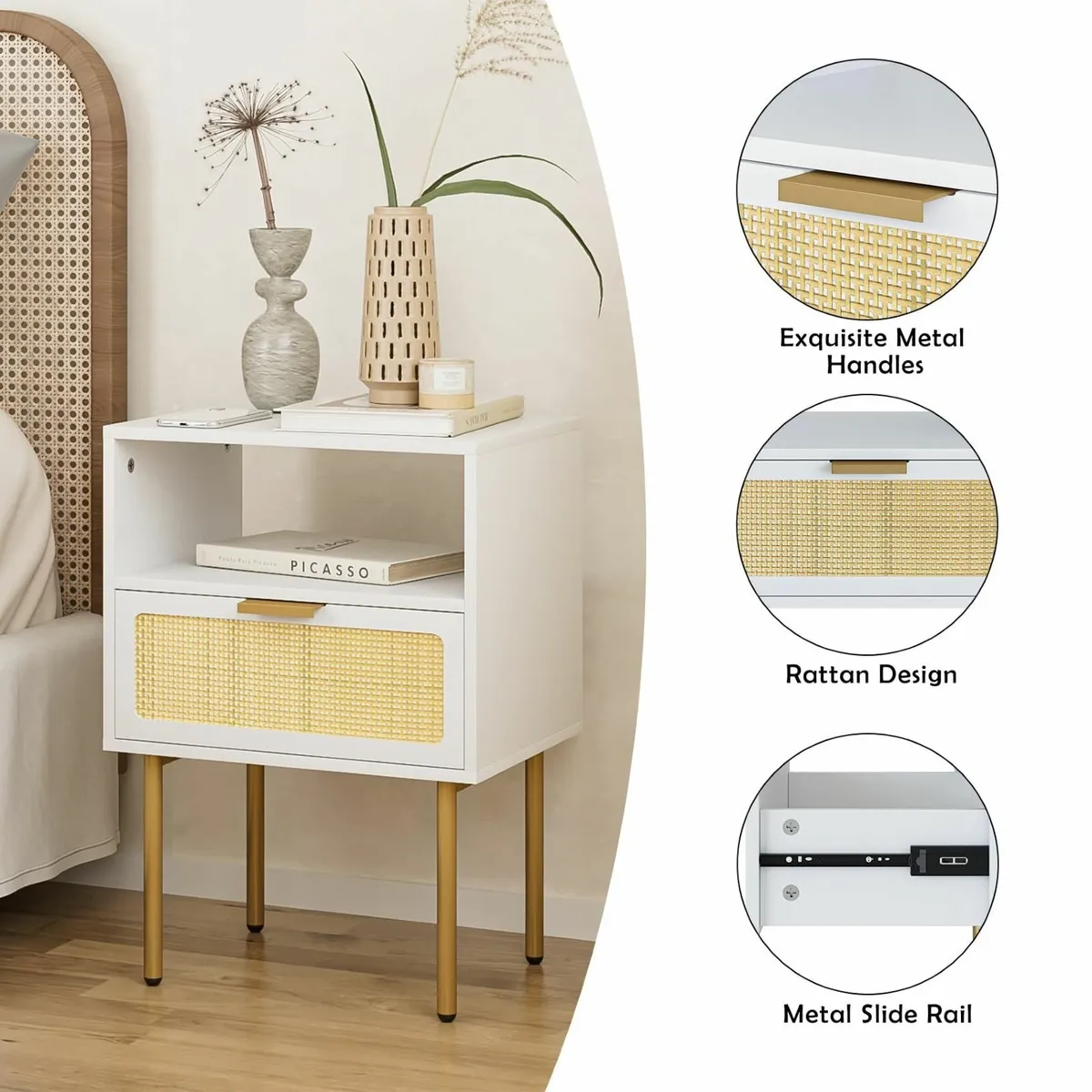 Bedside Table Boho Side with 1Drawer and Open - Image 4