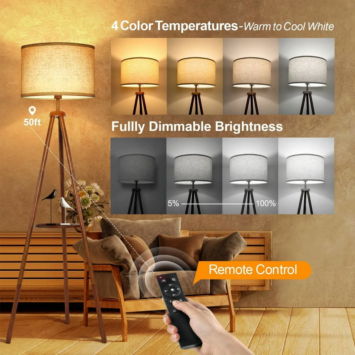 Solid Wooden Tripod Floor Lamp Bulb Included - Image 2