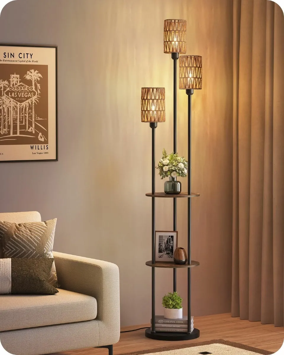 Floor Lamp with Shelves Boho 3 Linen Shades and - Image 1