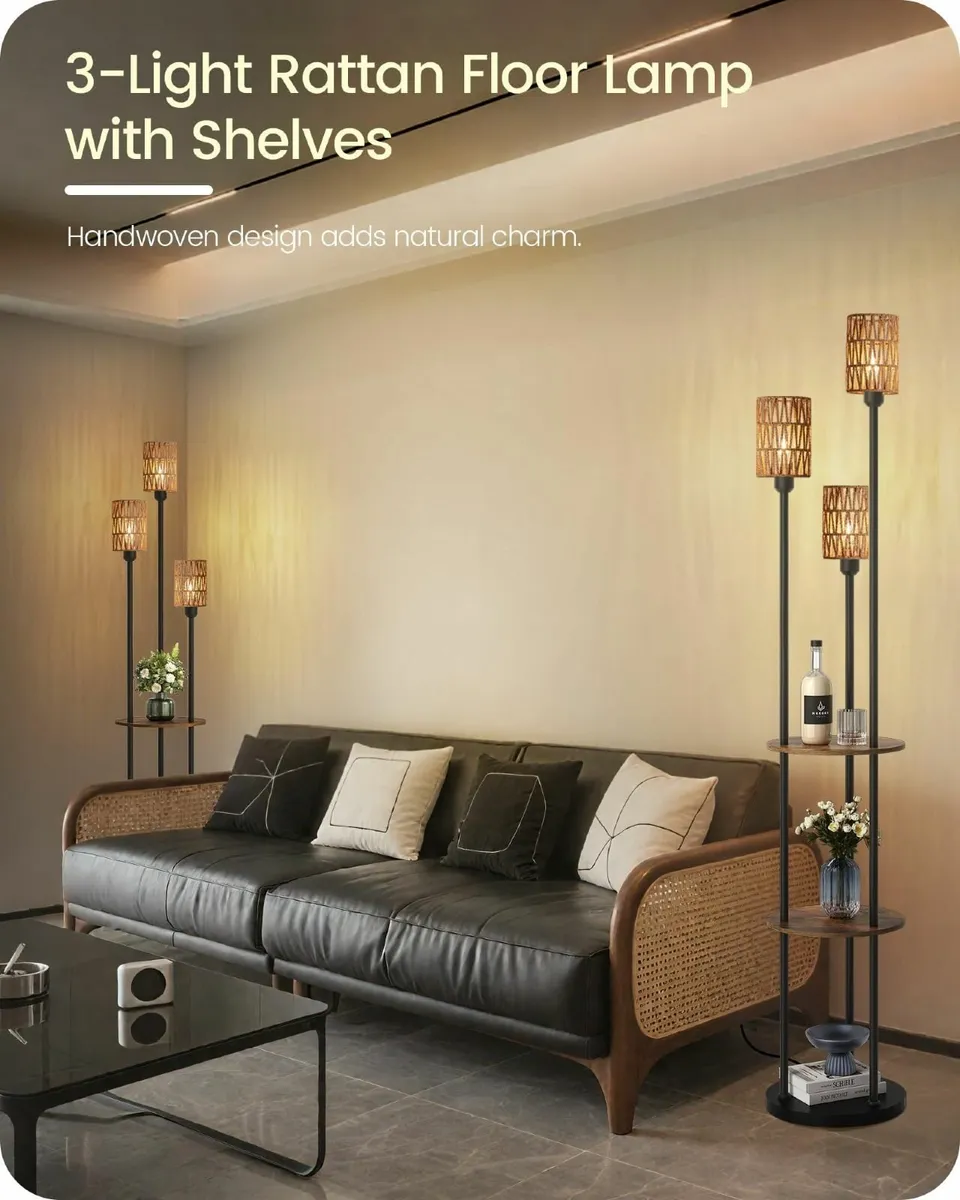 Floor Lamp with Shelves Boho 3 Linen Shades and - Image 2