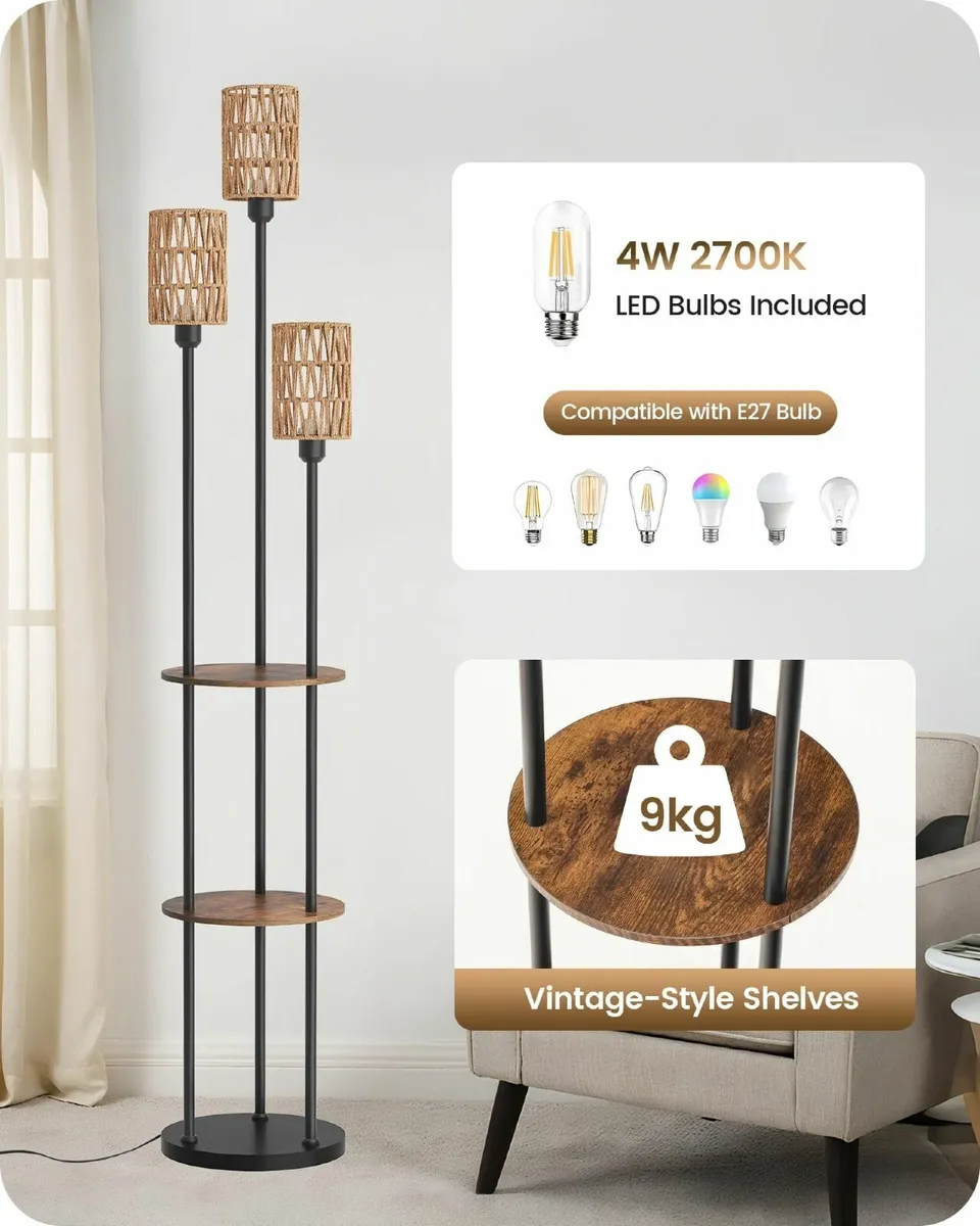 Floor Lamp with Shelves Boho 3 Linen Shades and - Image 3