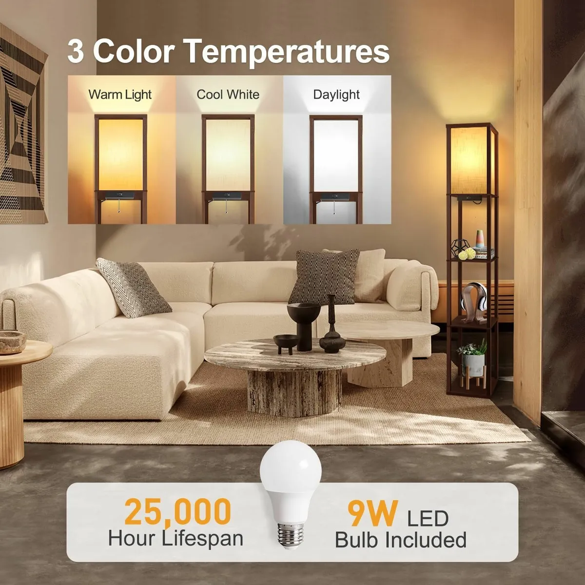 Floor Lamp with Shelves LED Column Modern USB - Image 2