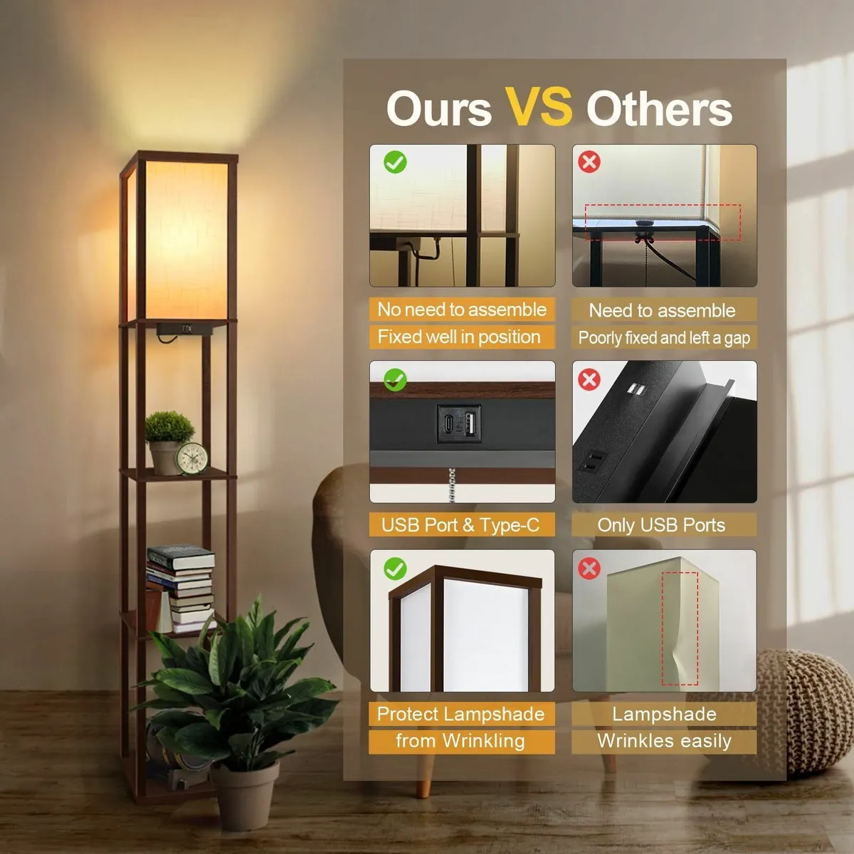 Floor Lamp with Shelves LED Column Modern USB - Image 3