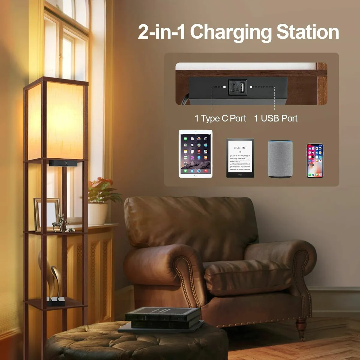 Floor Lamp with Shelves LED Column Modern USB - Image 4