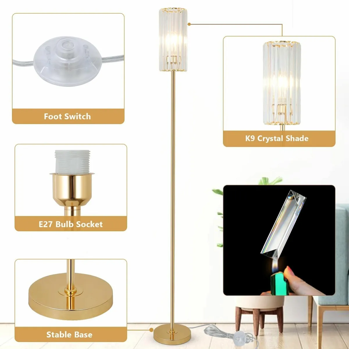 Gold Floor Lamps for Living Room Crystal Standing - Image 3