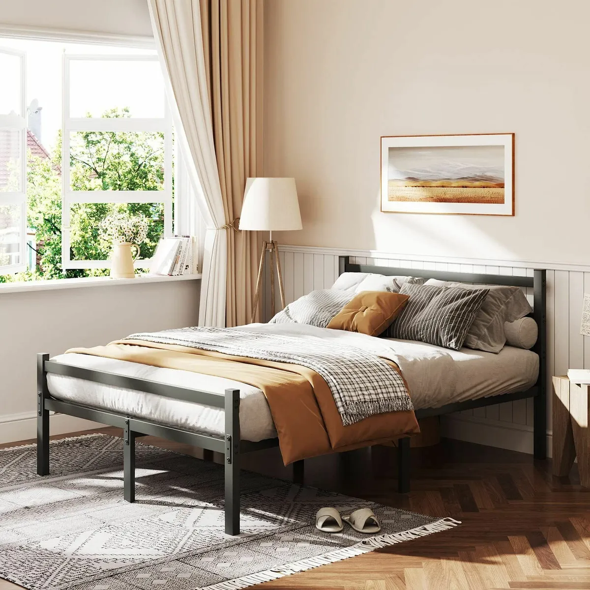 4ft6 Double Bed Frame with Headboard Black Metal - Image 3