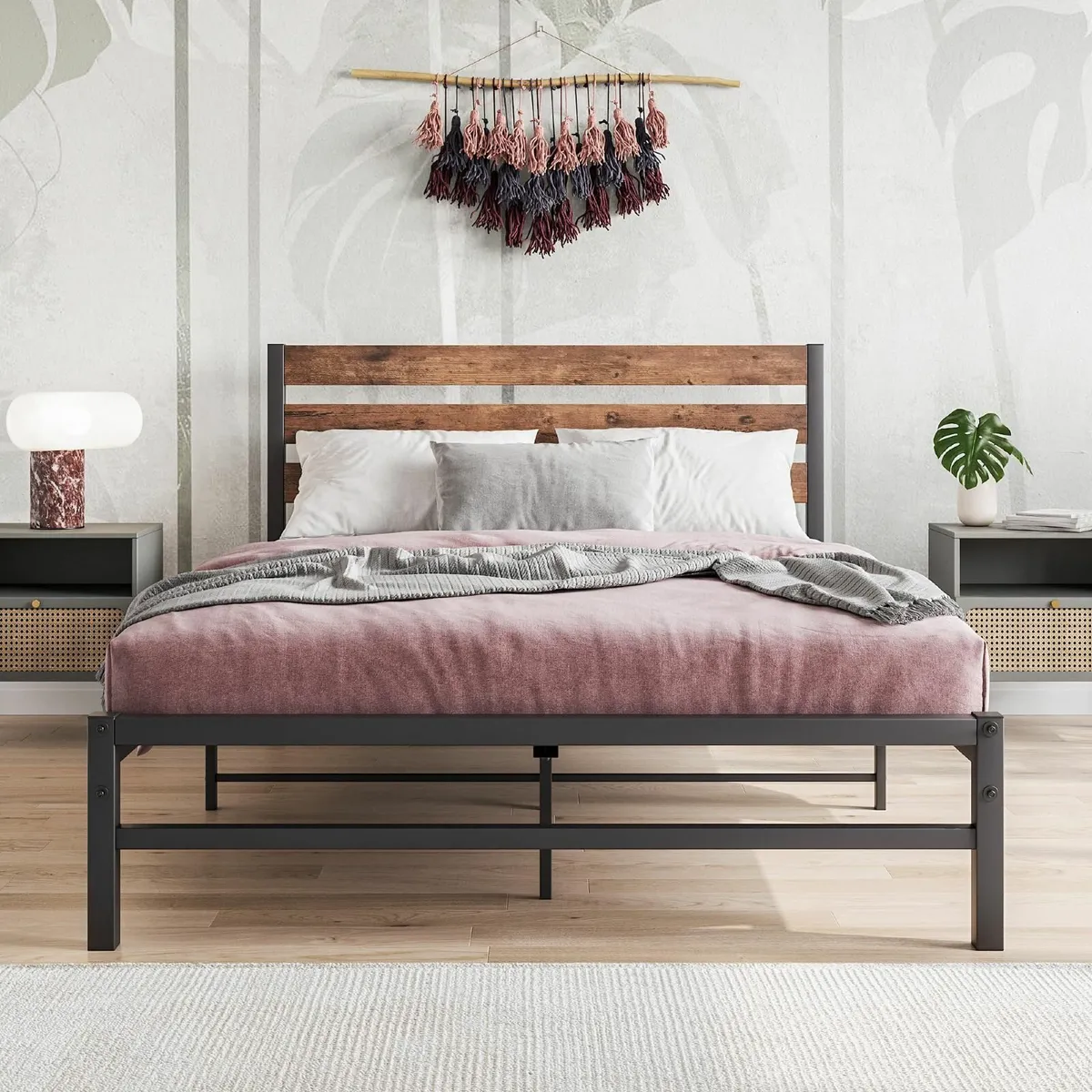 Double Bed Frames with Wood Headboard Metal - Image 1