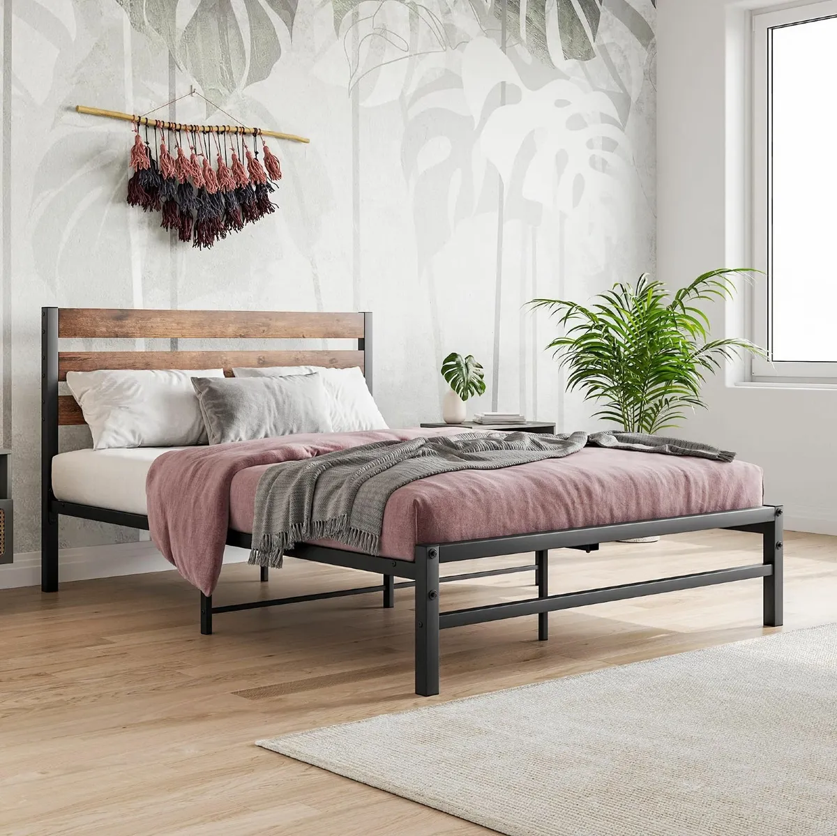 Double Bed Frames with Wood Headboard Metal - Image 3