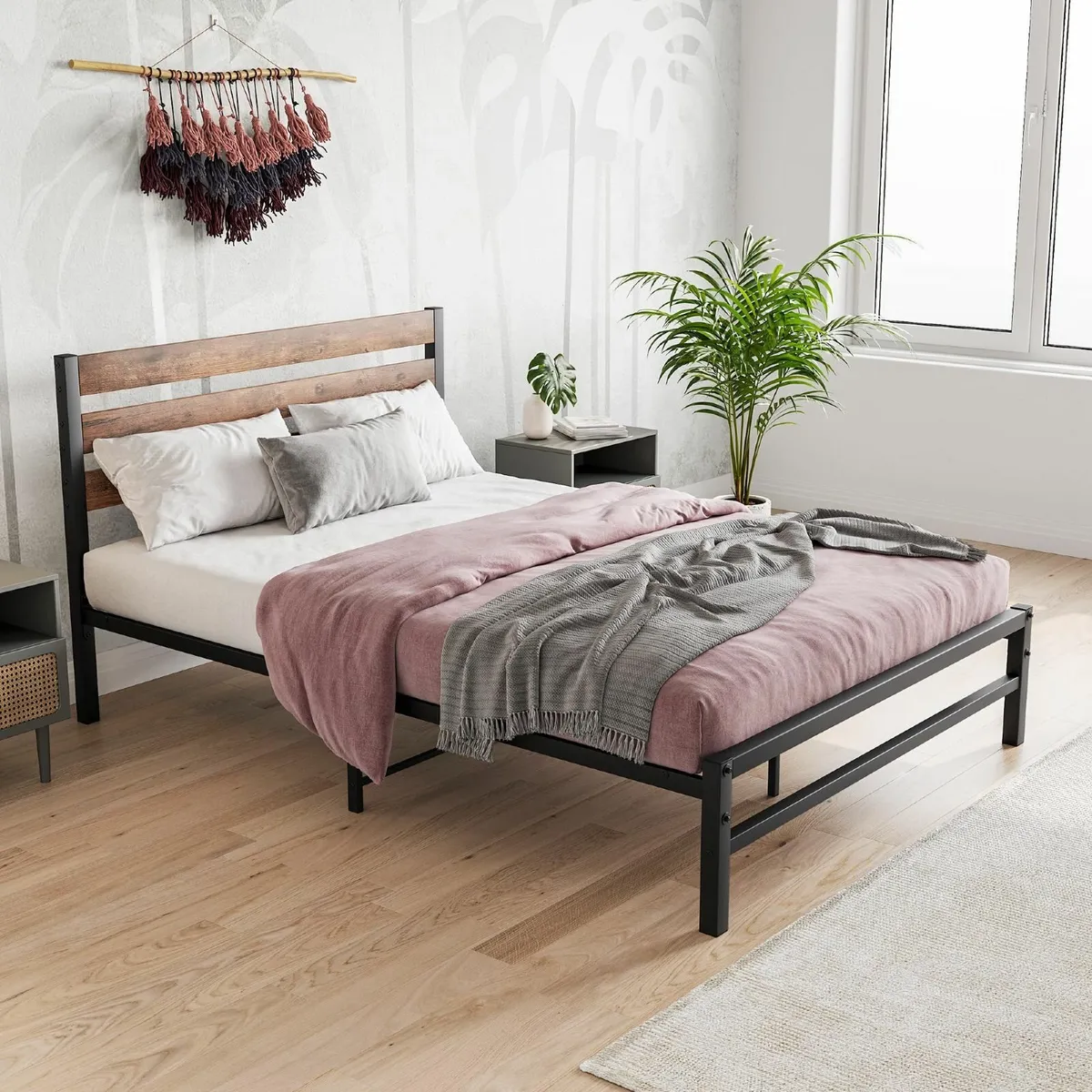 Double Bed Frames with Wood Headboard Metal - Image 4