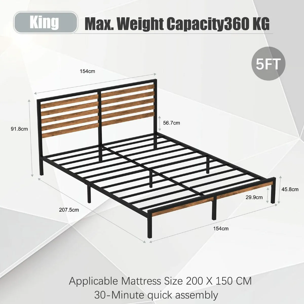 King Bed Frame Vintage Wooden Headboard Metal - Image 2