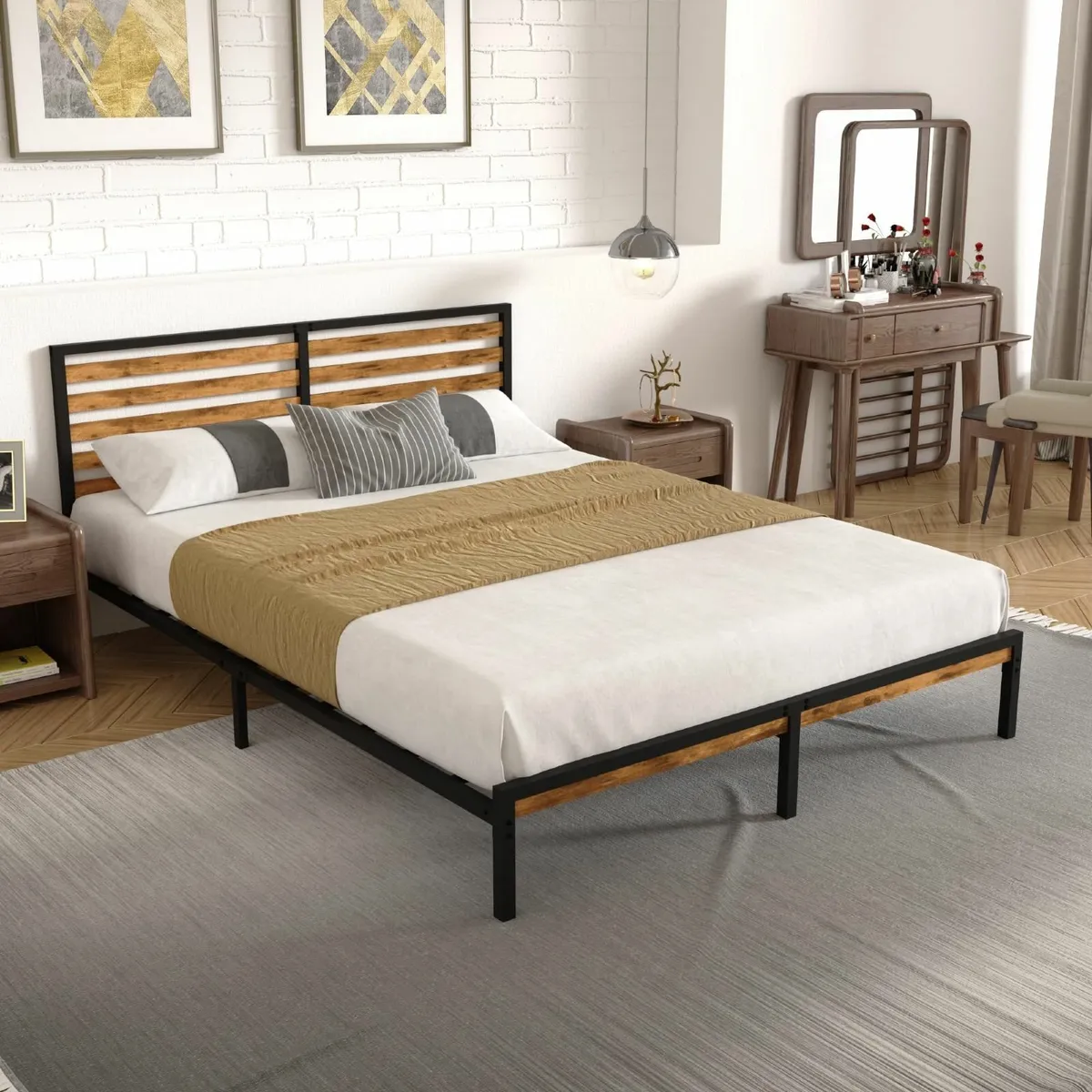 King Bed Frame Vintage Wooden Headboard Metal - Image 3